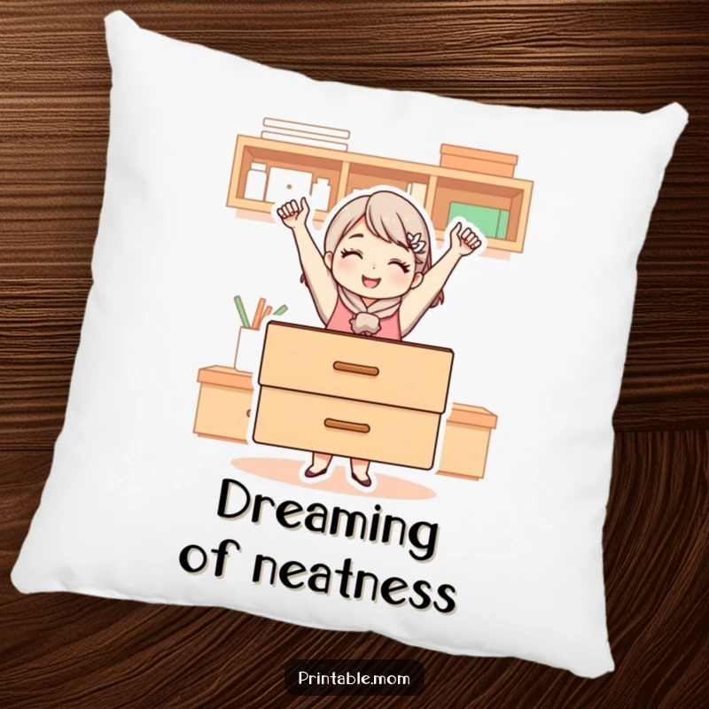 Funny pillow design showing a mom character beaming with pride after achieving perfect organization in a drawer, holding it up triumphantly.