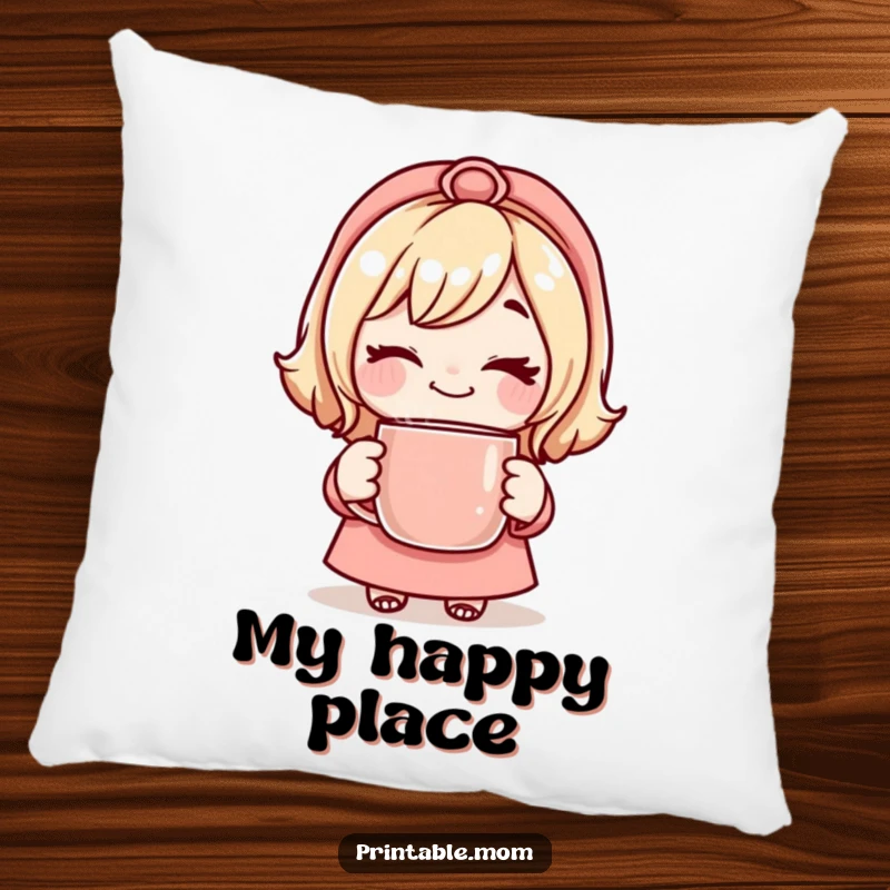 Funny Mom Pillow with a mom character giving a playful wink, holding a steaming mug, cozy decor.
