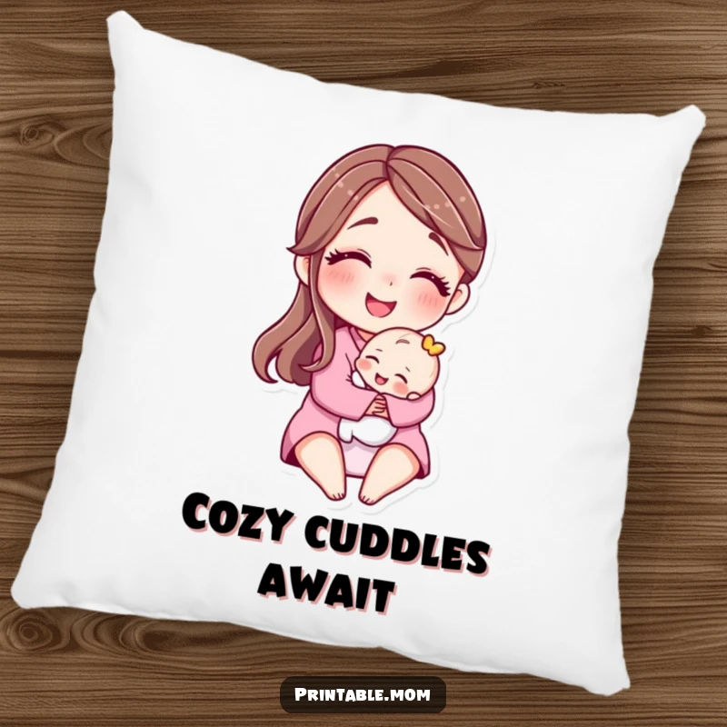 Funny pillow with a motherly character smiling and hugging a tiny baby, offering cozy comfort and tender love.