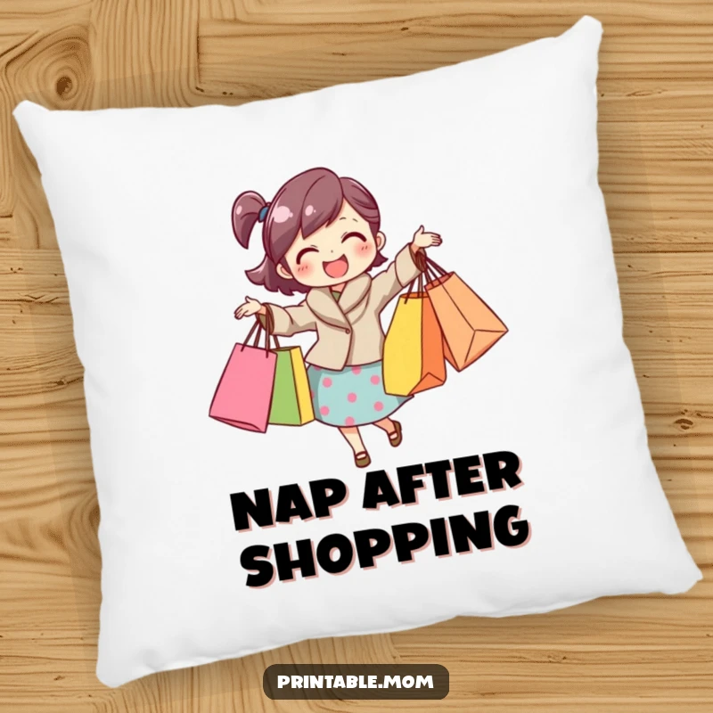 Funny mom pillow featuring a cheerful mom loaded with shopping bags, providing comfort and a humorous touch.