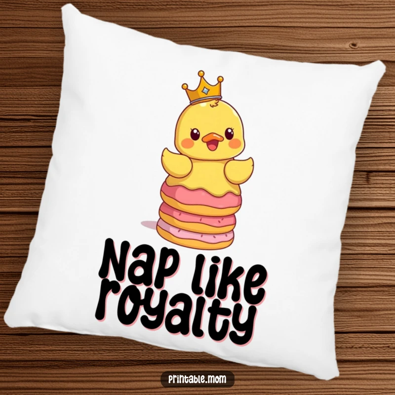 Funny pillow showcasing a surprised rubber ducky, wearing a small crown, balancing a high stack of delicious donuts, perfect for lounging.