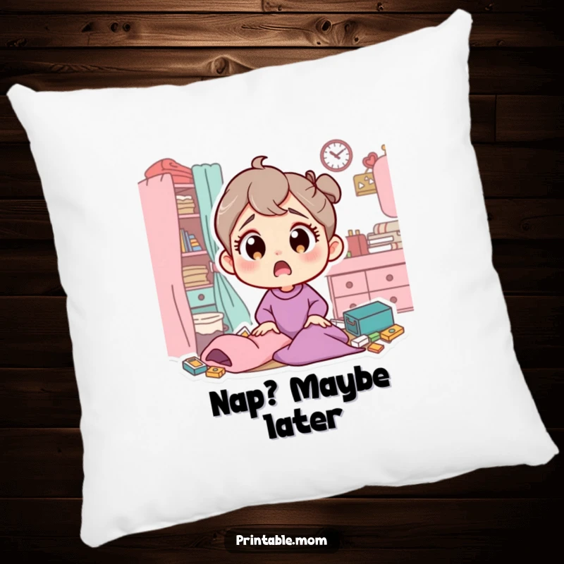 Funny pillow with a mom character displaying wide, surprised eyes at a messy room, providing comfort and a humorous accent.