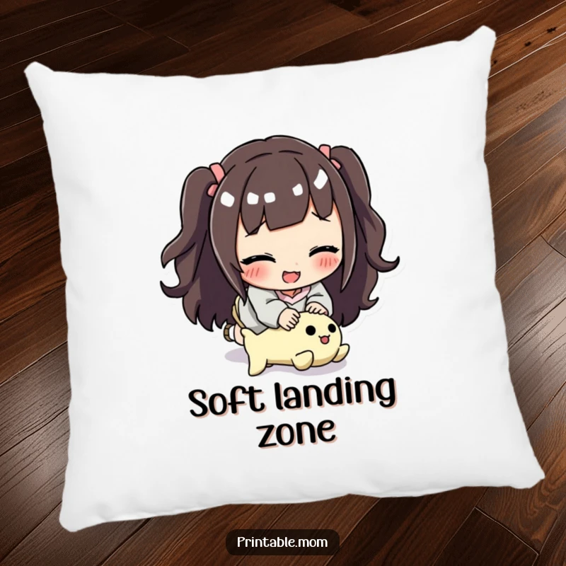 Funny mom pillow featuring a smiling mom comically stumbling over a toy, offering comfort and a touch of humor.