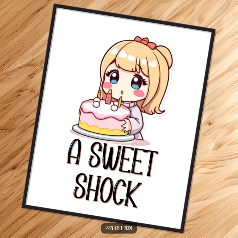 Funny digital art print of a surprised mom character holding a perfectly decorated cake, celebrating culinary success with humor.