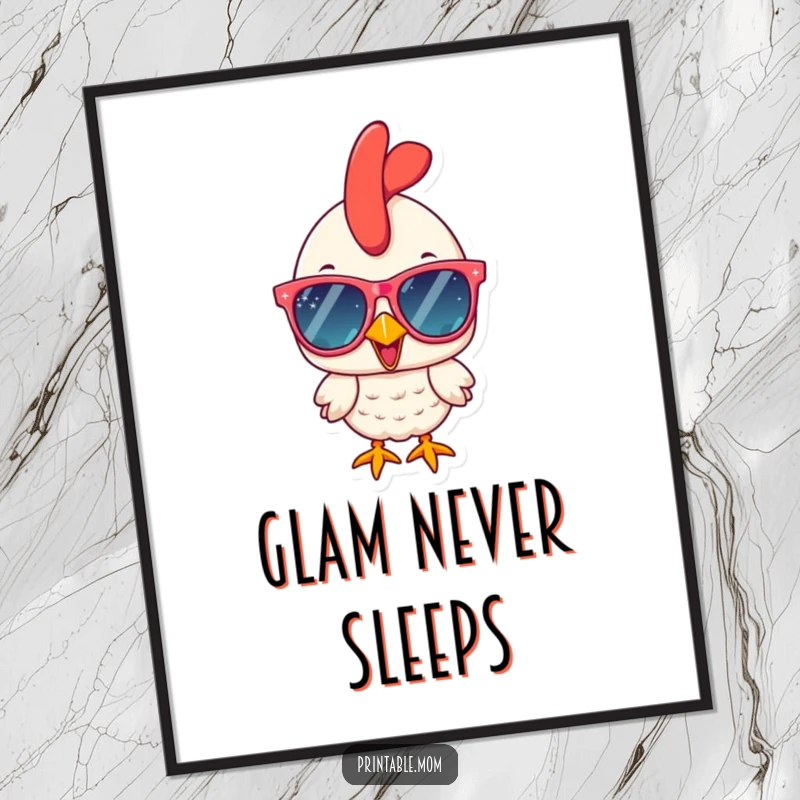 Funny and cheerful chicken in oversized, sparkly sunglasses, beautifully rendered as a digital art print for instant humor