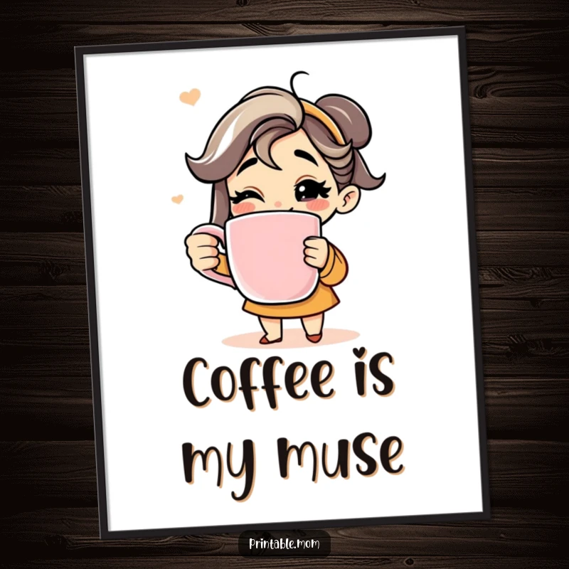 Funny digital art print of a smiling mom holding a huge coffee mug, her expression conveying pure coffee joy.