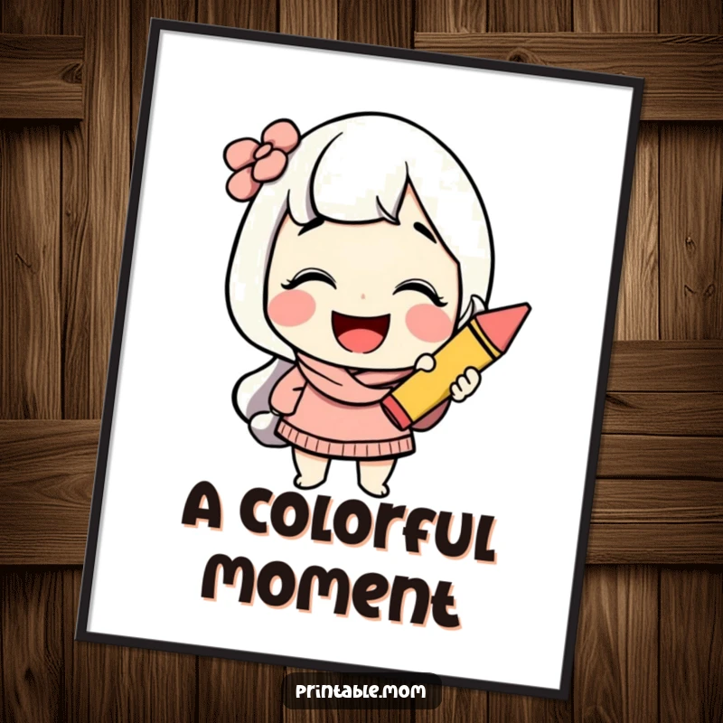 Funny creative mom digital art print, showing a cheerful character giggling with a crayon, offering instant artistic decor.