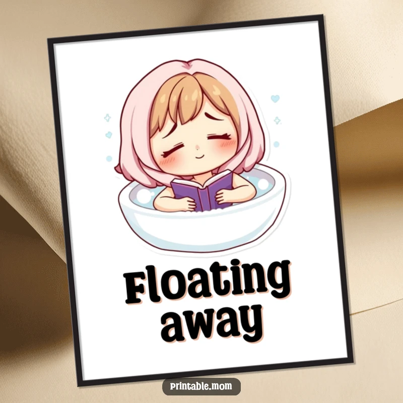 Funny digital art of a tired, smiling mom character floating in a bubble bath, engrossed in reading a book.