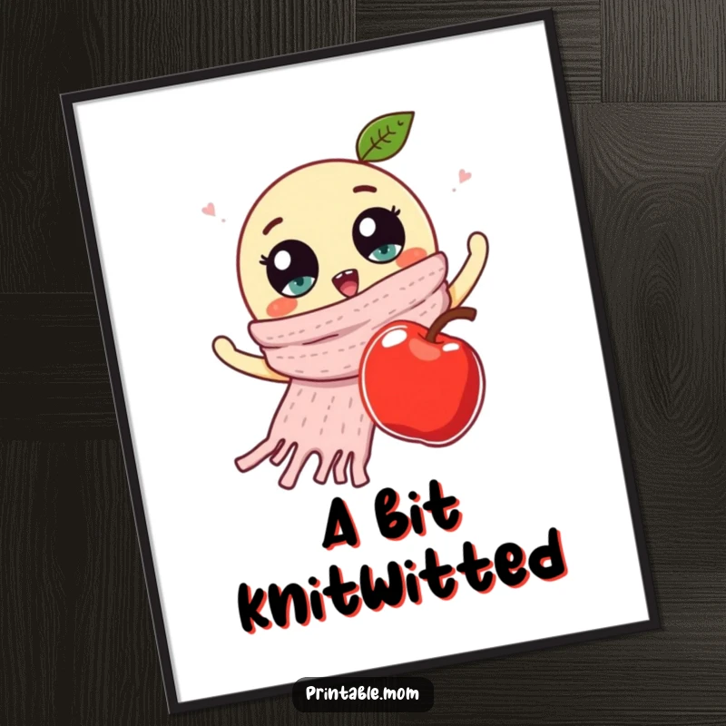 Funny digital art print of a knitted scarf with googly eyes waving at a falling apple, great for instant wall decor and laughs.
