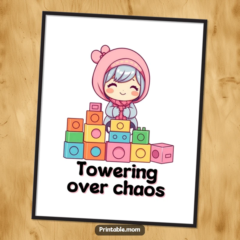 Funny Mom Digital Art Print: A happy mom stacking colorful building blocks, a cheerful and funny gift.