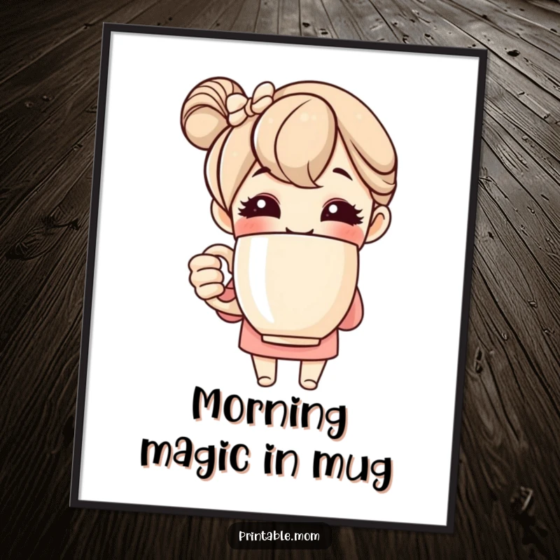 Funny digital art print of a smiling mom character holding a large coffee mug, suitable for digital display or printing.