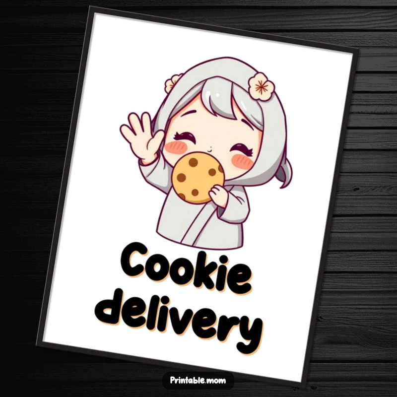 Funny digital art print of a mom character offering a cookie with a wave, symbolizing warmth and treats, ideal for instant home decor.