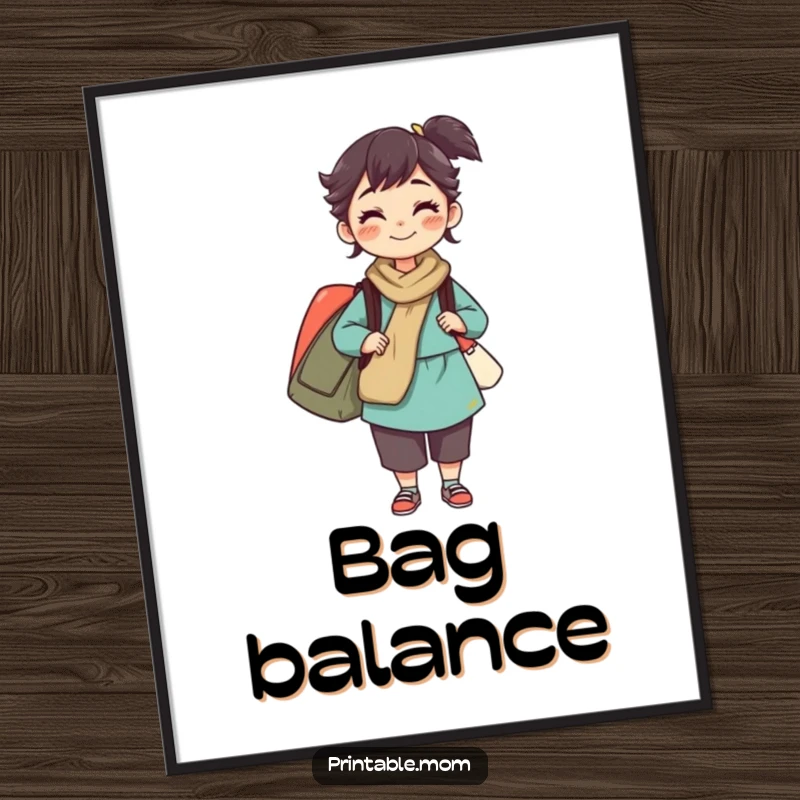 Funny digital art print of a mom character balancing multiple bags, representing strength and multitasking, ideal for instant home decor.