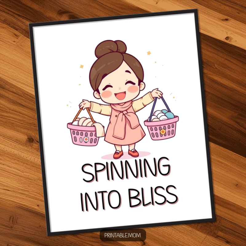 Funny digital art print of a happy mom character juggling laundry baskets, suitable for digital display or printing.