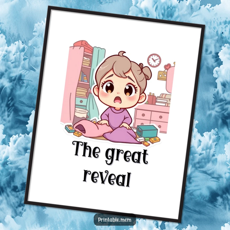 Funny digital art print of a mom character with wide, surprised eyes discovering a messy room, suitable for display.