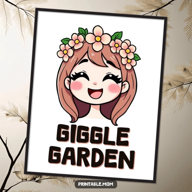 Funny digital art print of a mom with a flower crown giggling, capturing maternal joy and gentle humor for decor.