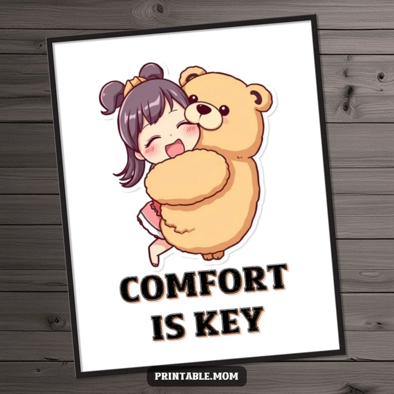 Funny Mom Digital Art Print of a mom character enthusiastically hugging a giant stuffed animal.