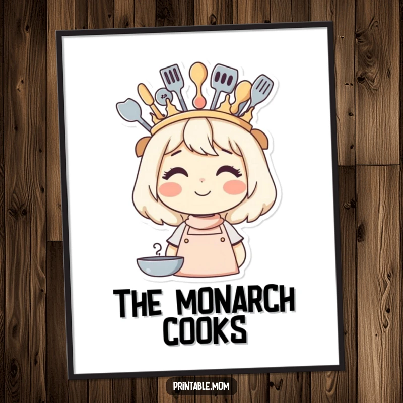Funny digital art print of a smiling mom wearing a crown crafted from cooking utensils, a symbol of kitchen royalty.