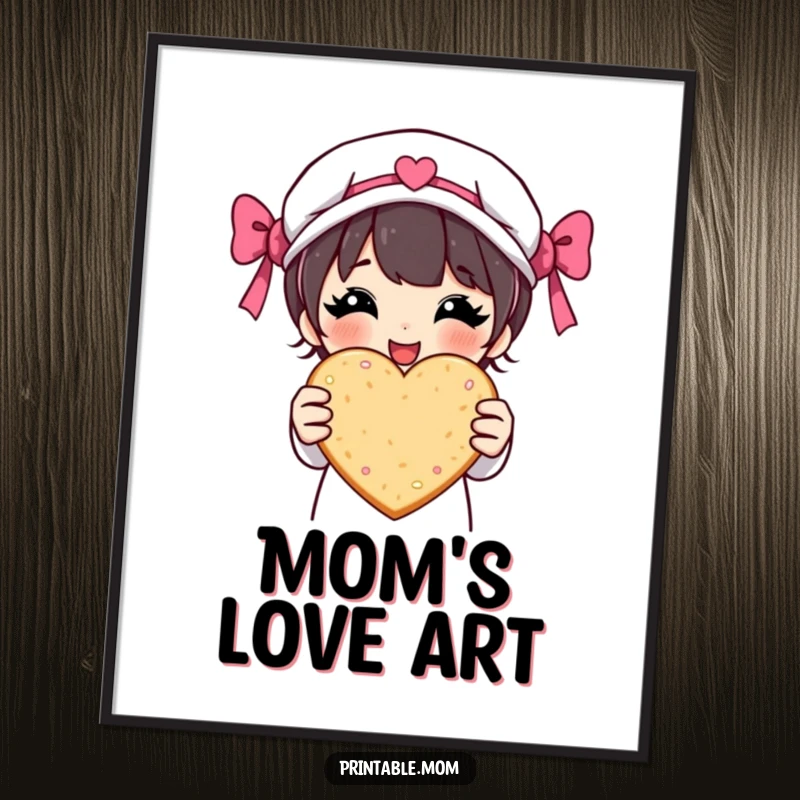 Funny digital art print of a proud mom character presenting a heart-shaped cookie, perfect for home decor and thoughtful gifting.