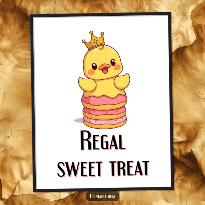 Funny digital art print of a surprised rubber ducky in a tiny crown, skillfully balancing a large stack of donuts for instant wall decor.