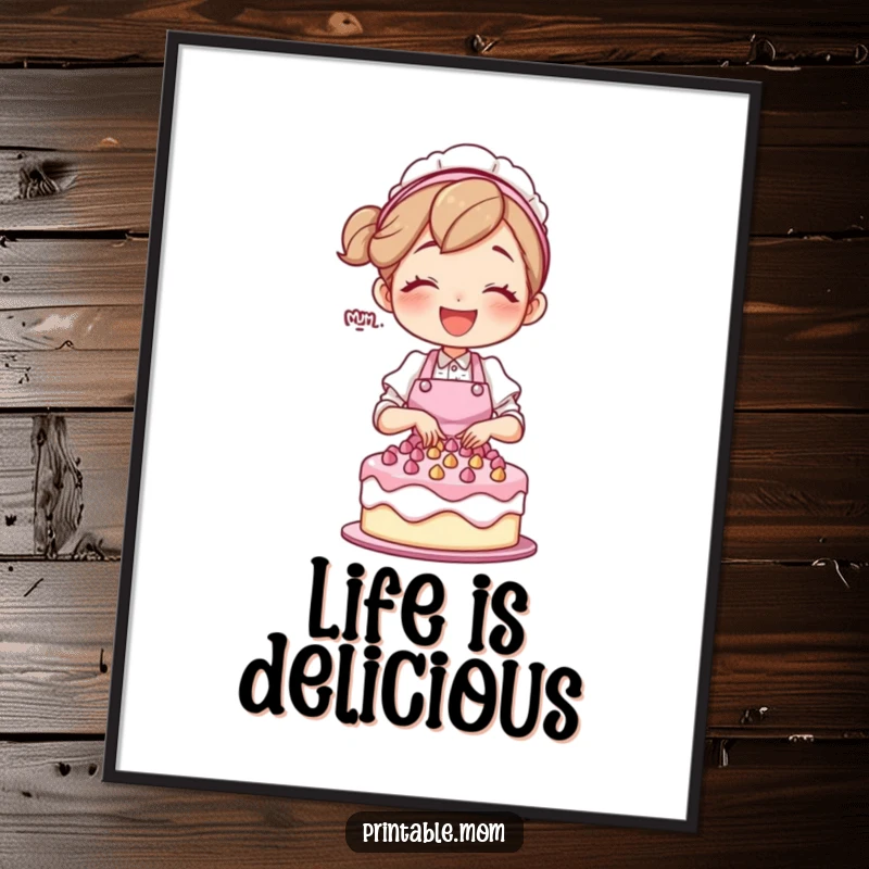 Funny mom character in an apron, joyfully decorating a cake, as a digital art print.