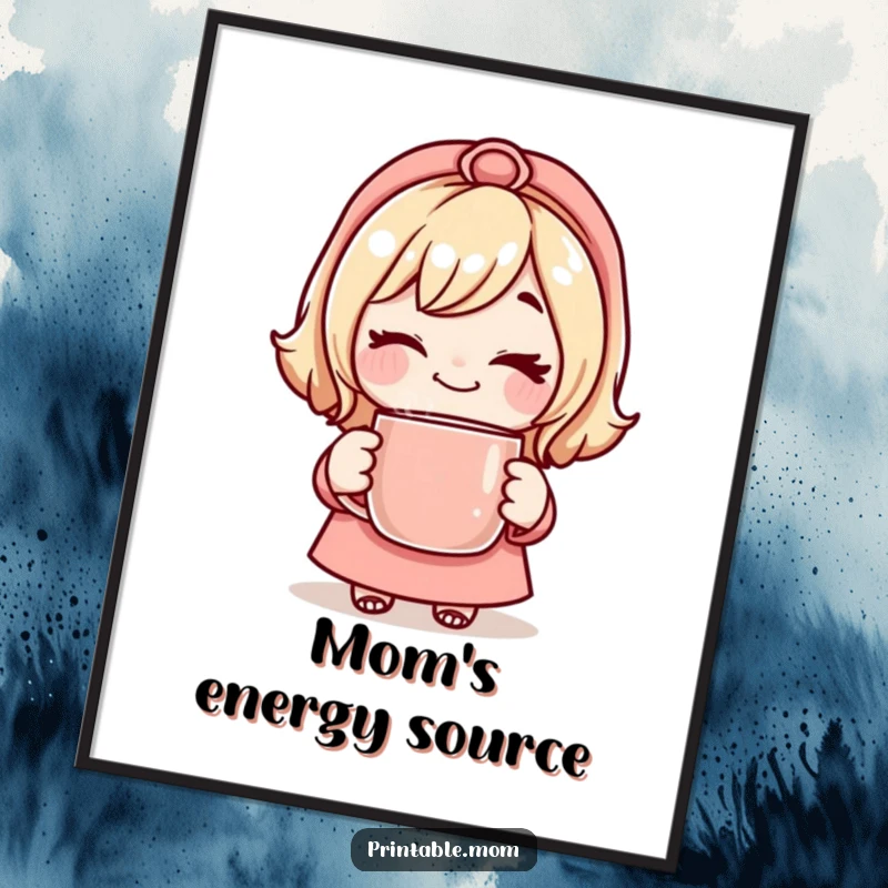 Funny Mom Digital Art Print of a mom character with a playful wink, holding a steaming mug.