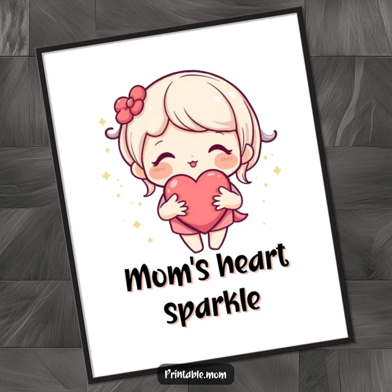 Funny digital art print of a loving mom character with an open heart, surrounded by tiny sparkles, perfect for home decor.