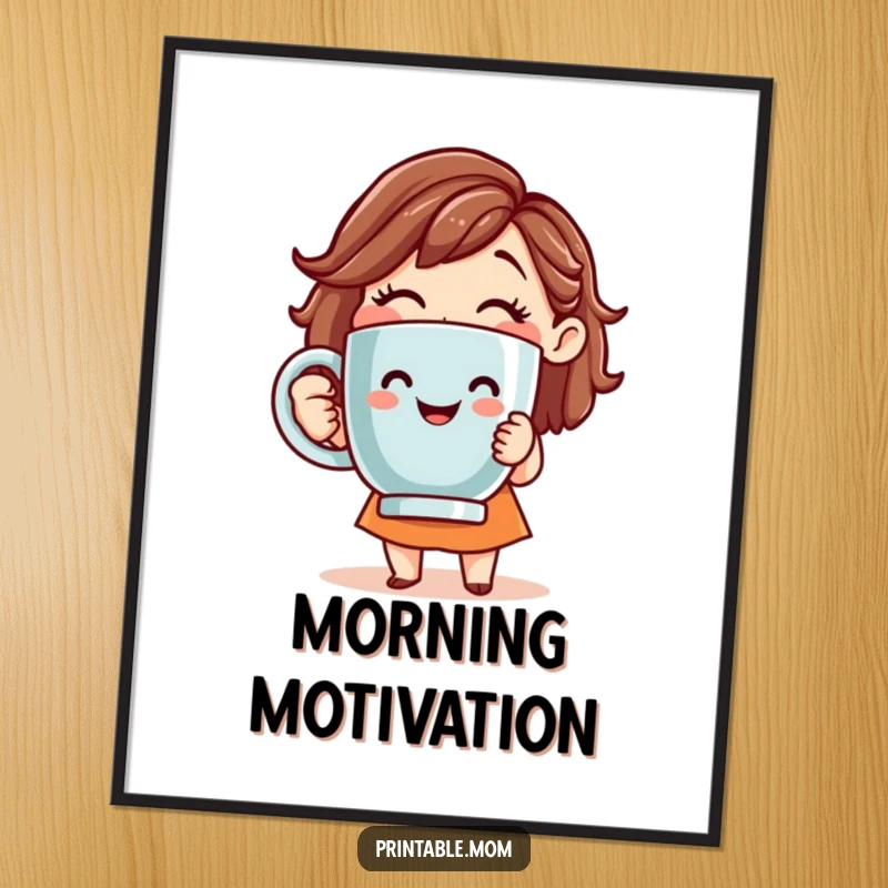 Funny digital art print of a smiling mom holding a giant coffee mug, for instant framing.