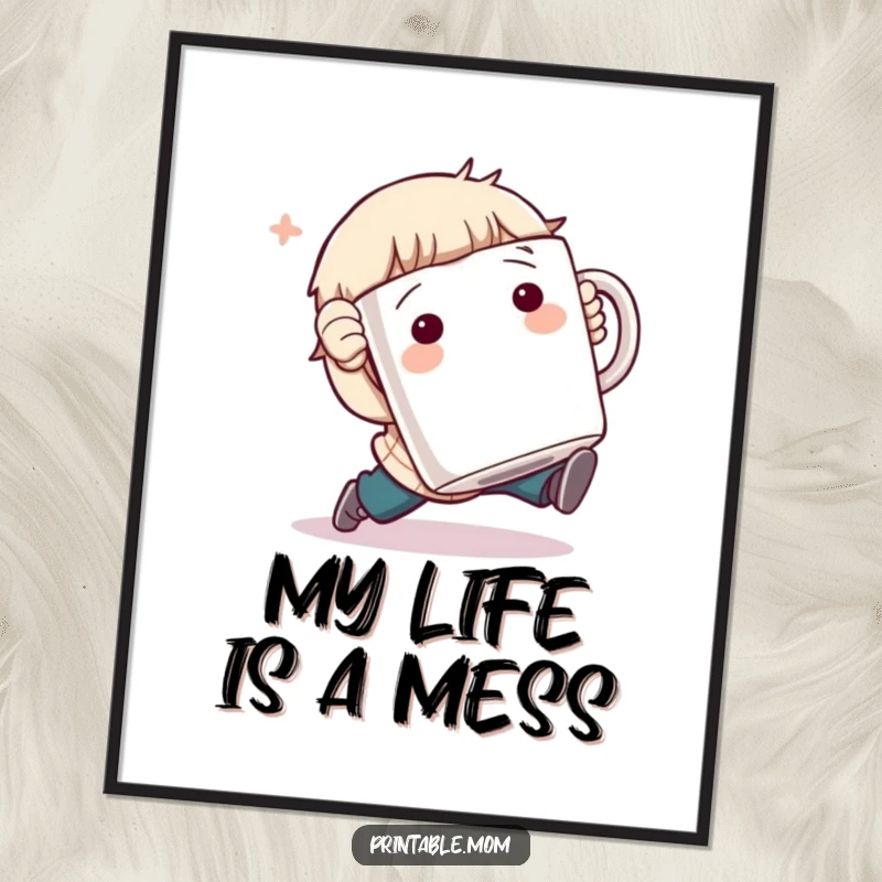 Funny Digital Art Print: Character comically tripping while holding a giant coffee mug, instant downloadable humor for walls.