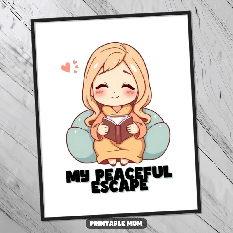 Funny digital art print of a mom character deeply relaxed, book open, tea steaming, exuding a palpable, happy sigh of contentment.