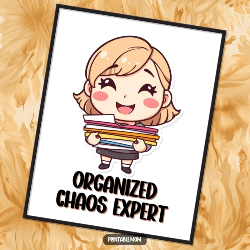 Funny cheerful mom character with a big smile holding colorful papers, as a digital art print.