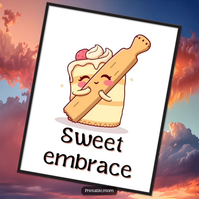 Funny Cake Digital Art Print of a cheerful dessert comically hugging a giant rolling pin, instant download for humorous baking decor.