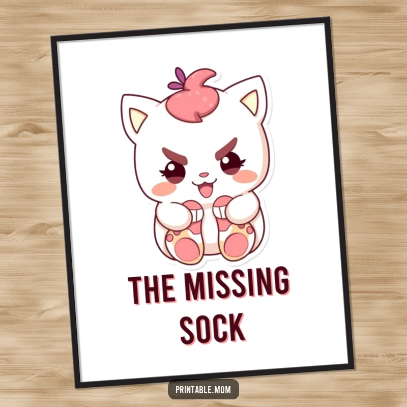 Funny digital art print of a mischievous character with a grin, hiding tiny socks, evoking playful secrets and humor.