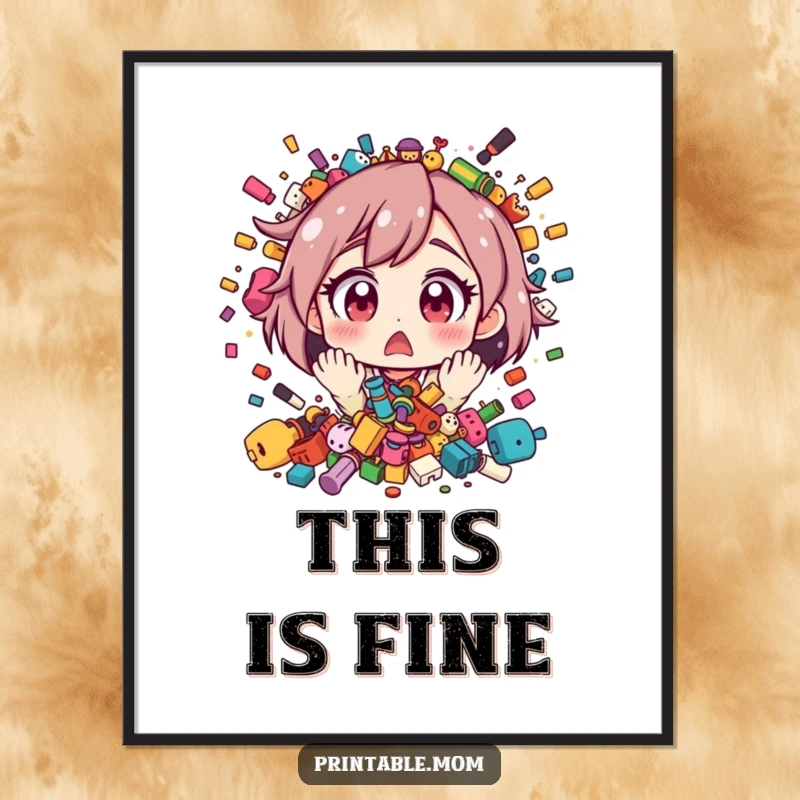 Funny digital art print of a mom character with wide, astonished eyes, looking at a whimsical explosion of scattered toys.