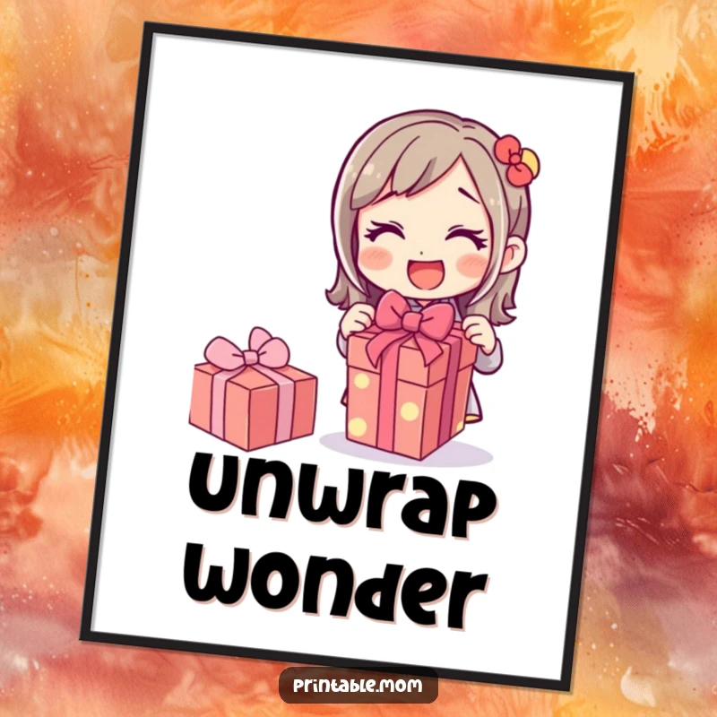 Funny digital art print of a mom character excitedly unwrapping a gift, capturing pure joy and surprise, ideal for instant wall decor.