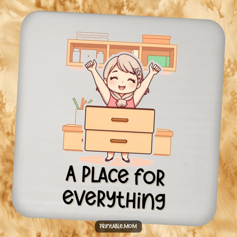 Funny drink coaster showing a mom character proudly holding up a perfectly organized drawer, a symbol of her tidiness.