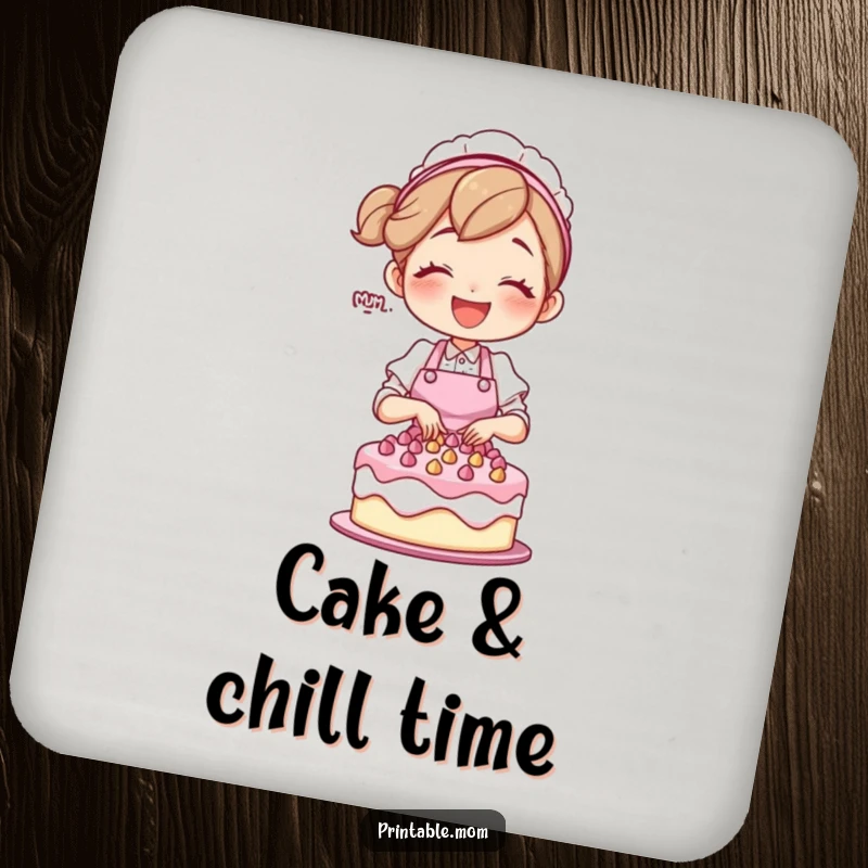 Funny mom character in an apron, joyfully decorating a cake, as a decorative drink coaster.