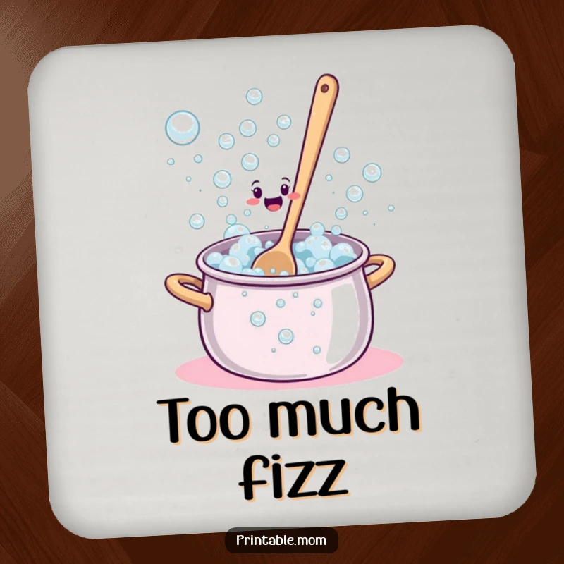 Funny Drink Coaster depicting a bewildered spoon stirring a pot overflowing with bubbles.