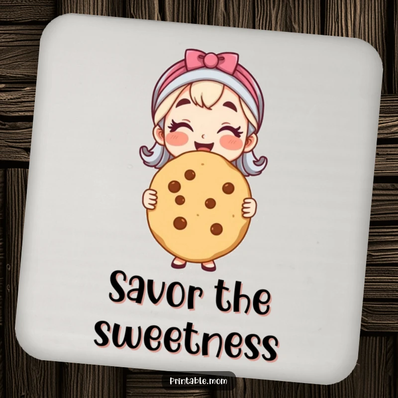 Funny drink coaster featuring a cheerful mom holding a giant, perfect cookie, ideal for protecting furniture.