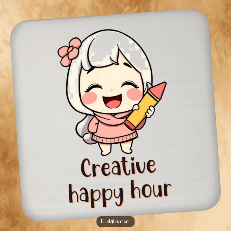 Funny mom coaster featuring a cheerful character giggling while holding a colorful crayon, protecting surfaces with artistic humor.