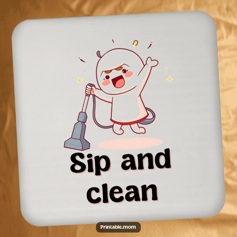 Funny drink coasters featuring a character dancing with a vacuum cleaner, protecting surfaces with humorous, energetic style.
