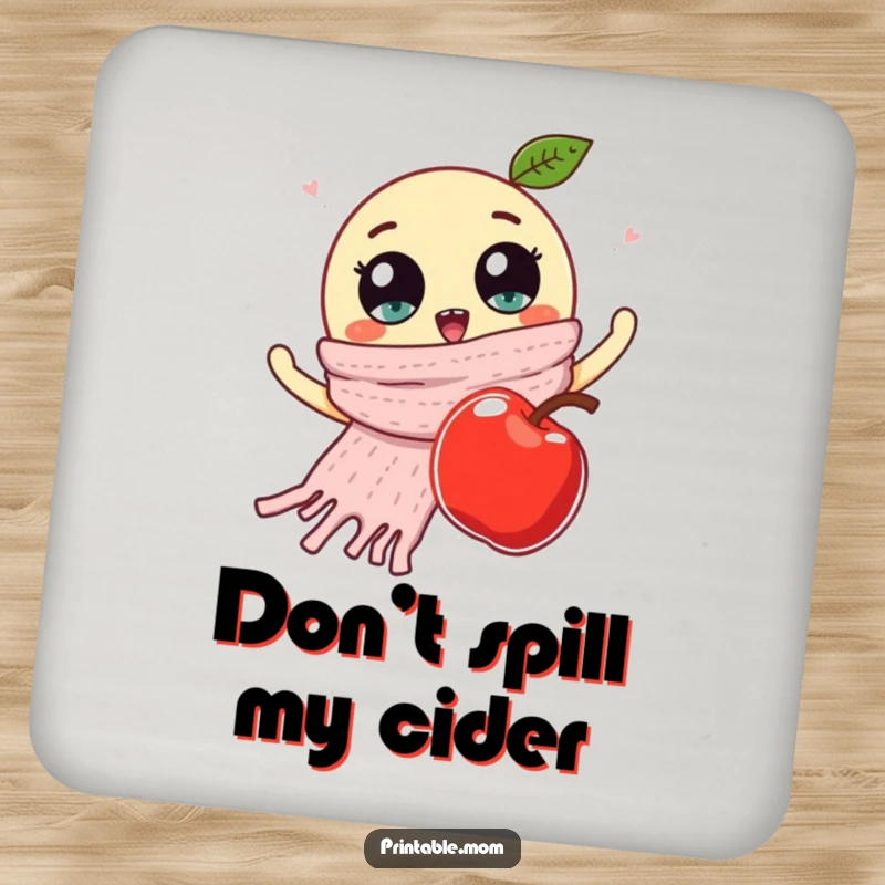 Funny drink coaster with a knitted scarf and googly eyes waving at a falling apple, protecting furniture with quirky humor.