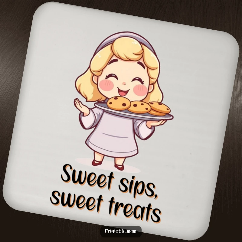 Funny Mom Drink Coaster: Depicts a proud mom offering freshly baked cookies, a fun and funny home gift.