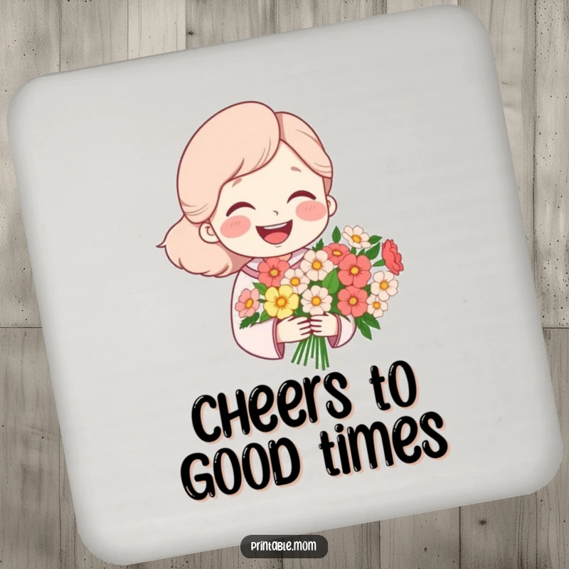 Funny drink coaster with a mom illustration laughing heartily while holding a bouquet of flowers, protecting surfaces with humor.