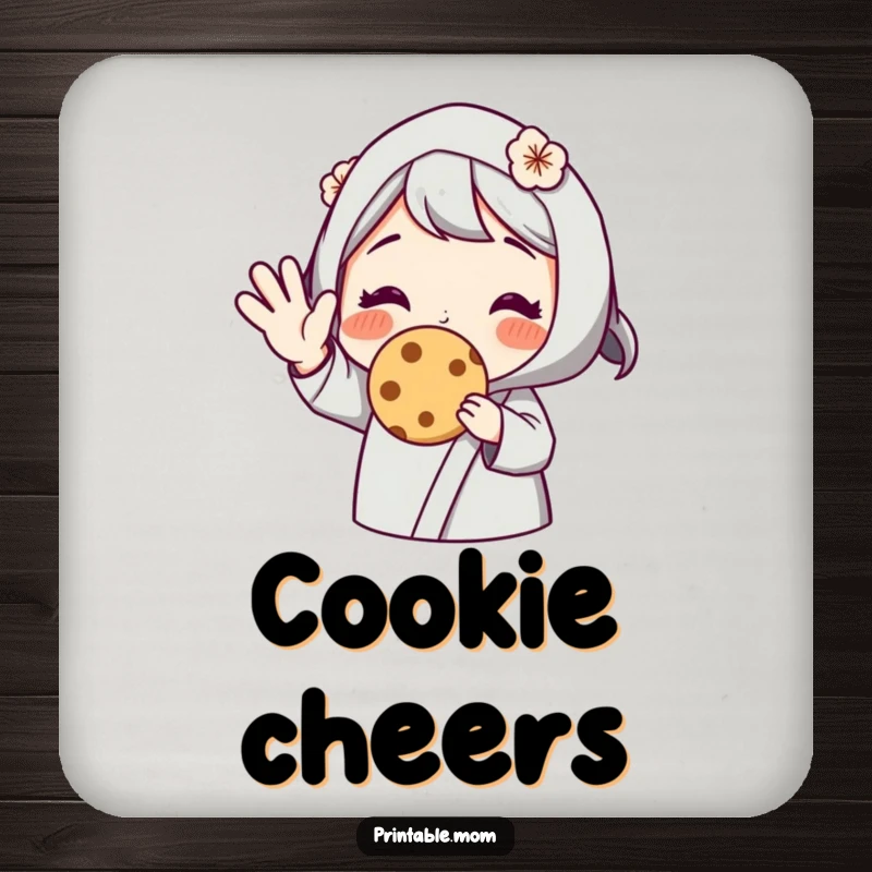 Funny coaster set depicting a mom character offering a cookie with a wave, adding sweetness and protection to surfaces, a charming housewarming gift.