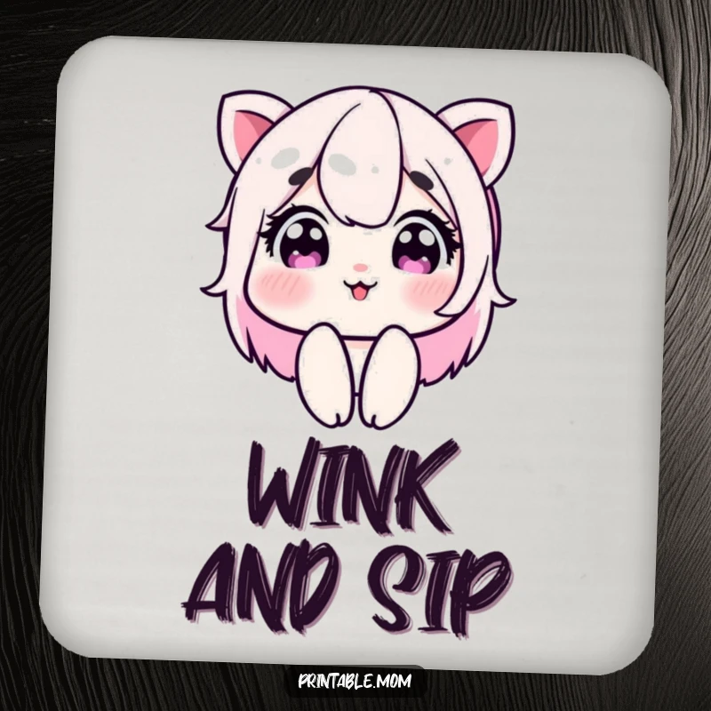 Funny coaster set depicting a mom character winking playfully, adding sass and protection to surfaces, a charming housewarming gift.