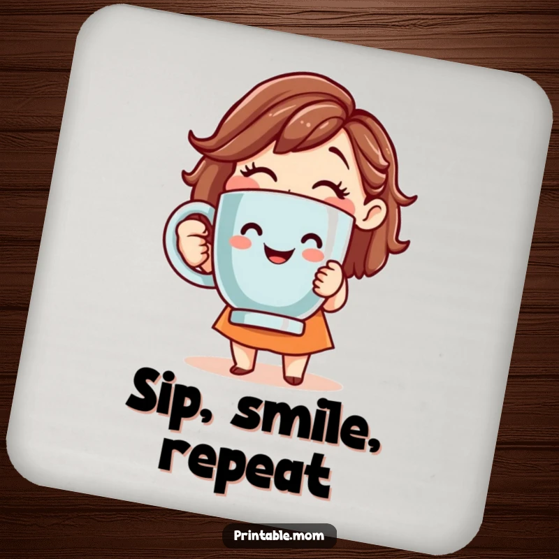 Funny drink coasters featuring a smiling mom holding a giant coffee mug, protecting furniture.