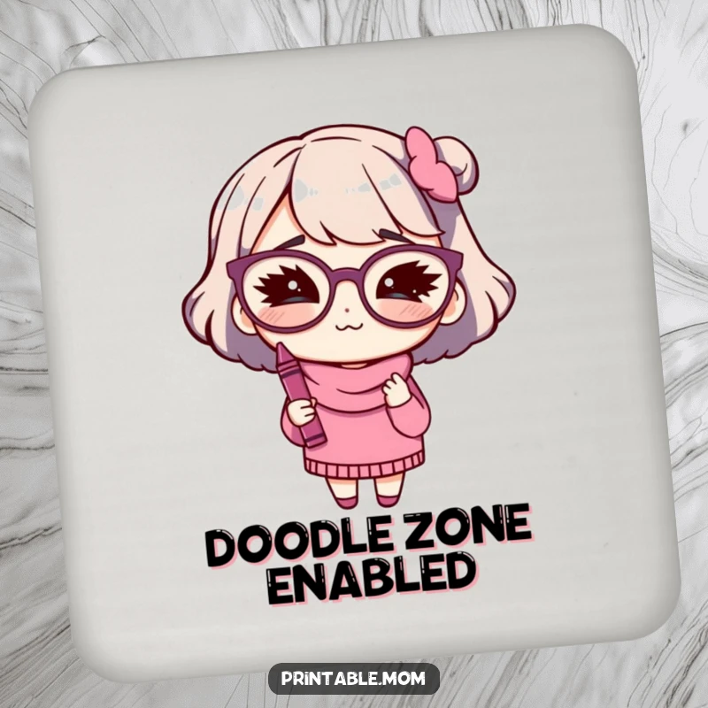 Funny drink coasters featuring a mom character with big glasses winking while holding a crayon, for artists.