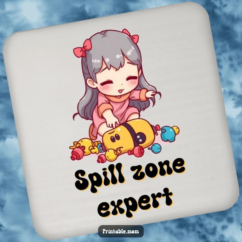 Funny mom coaster featuring a woman tripping over scattered toys, a humorous addition to any tabletop.