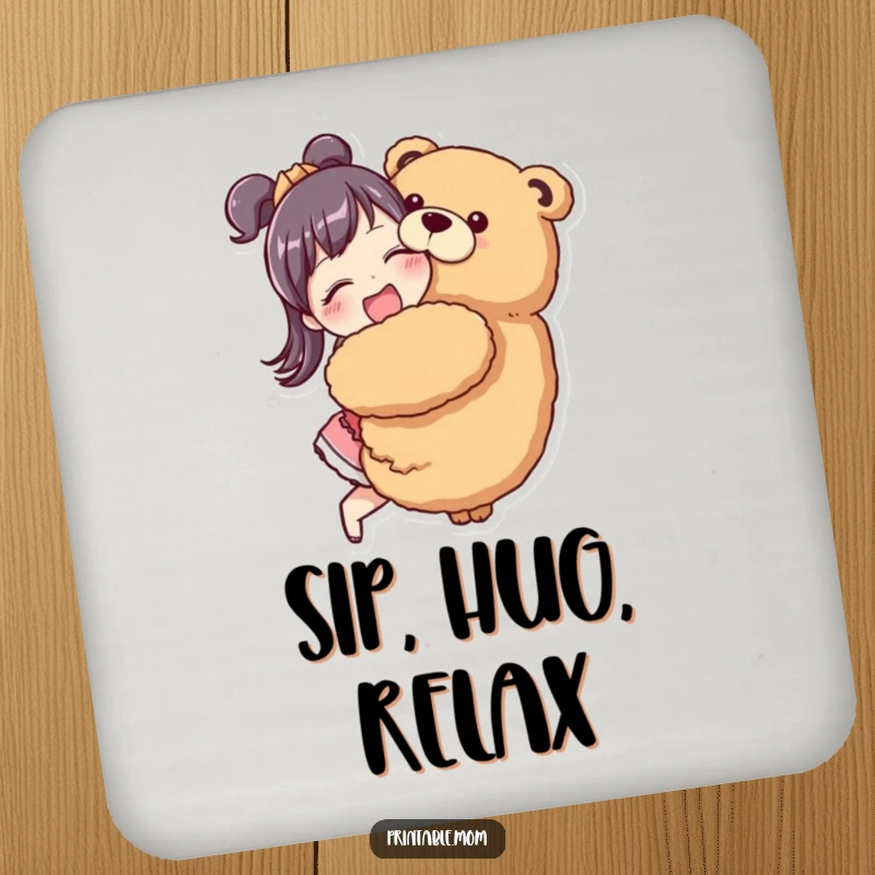 Funny Mom Coaster featuring a mom character enthusiastically hugging a giant stuffed animal.